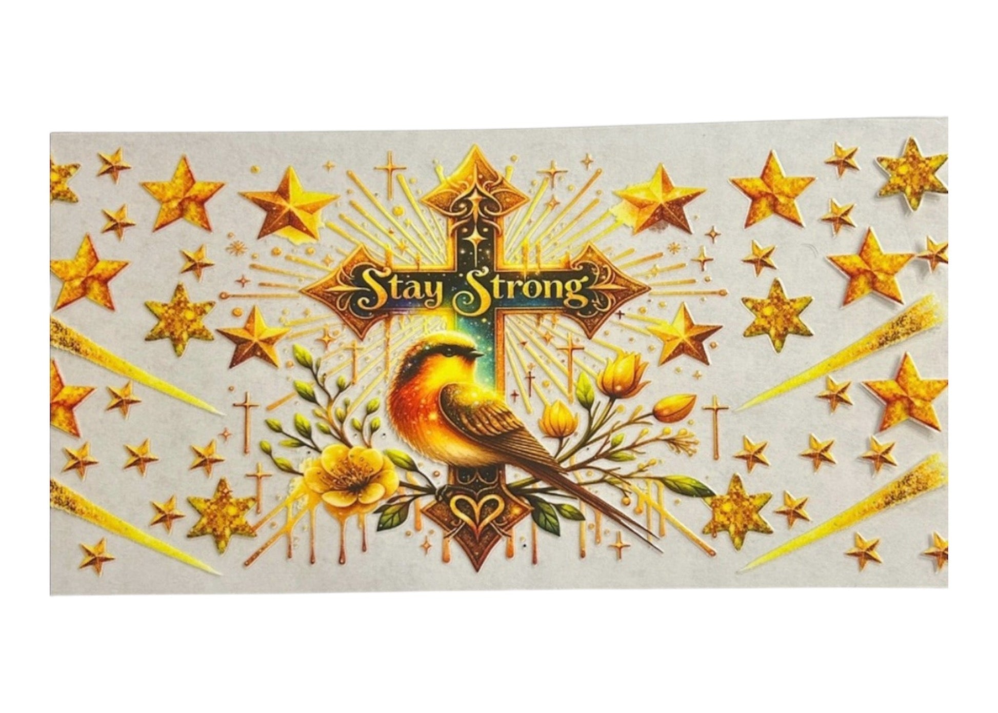 Decorative card with a cross, bird, and 'Stay Strong' text surrounded by stars on a white background.