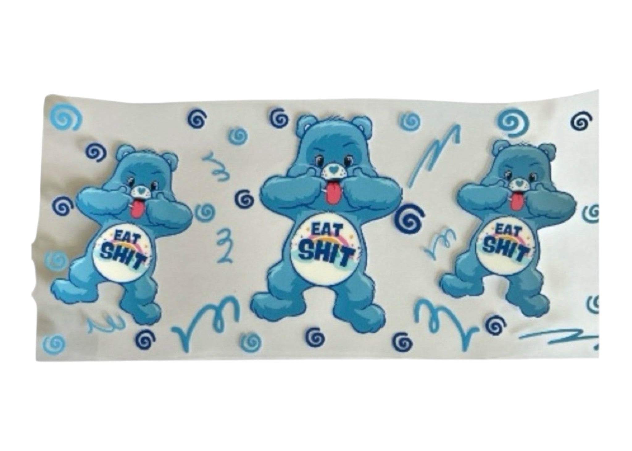 Decal with blue bears and text on a white background