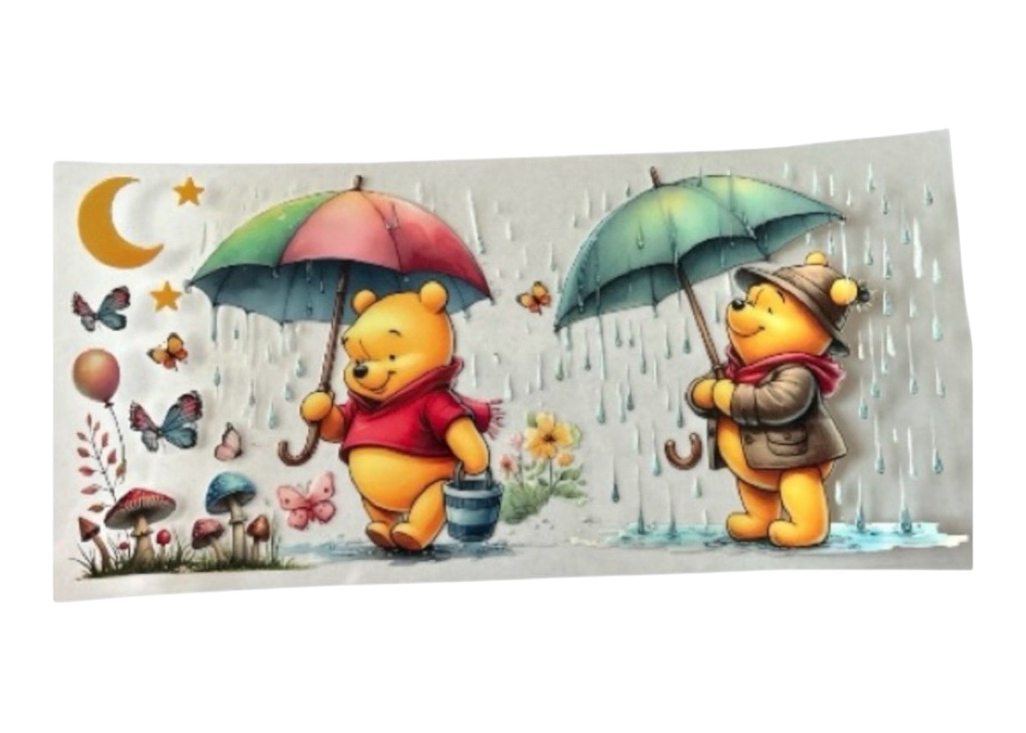 Two cartoon bears with umbrellas in a rain scene with flowers and mushrooms.