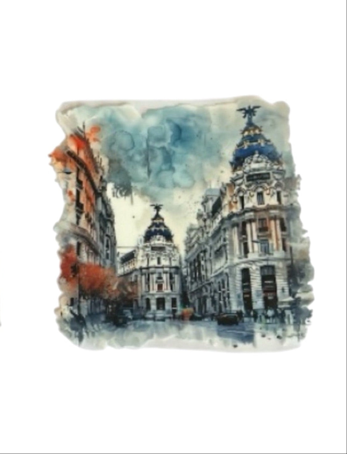 Artistic watercolor cup wrap design featuring the historic European architecture and domed roofs of the Gran Vía in Madrid, Spain, in shades of navy blue, terracotta, and cream.