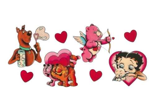 Cartoon characters with hearts on a white background