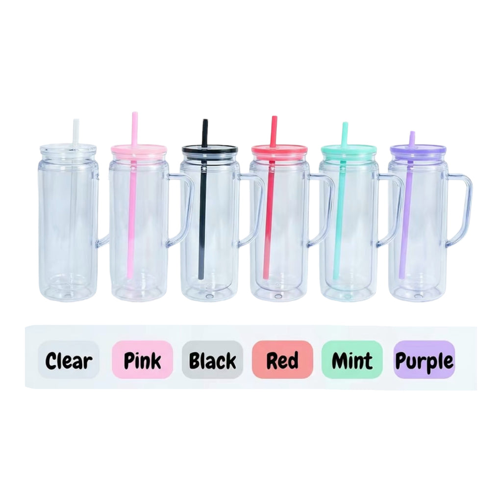 Set of six clear tumblers with colored lids and straws on a white background.