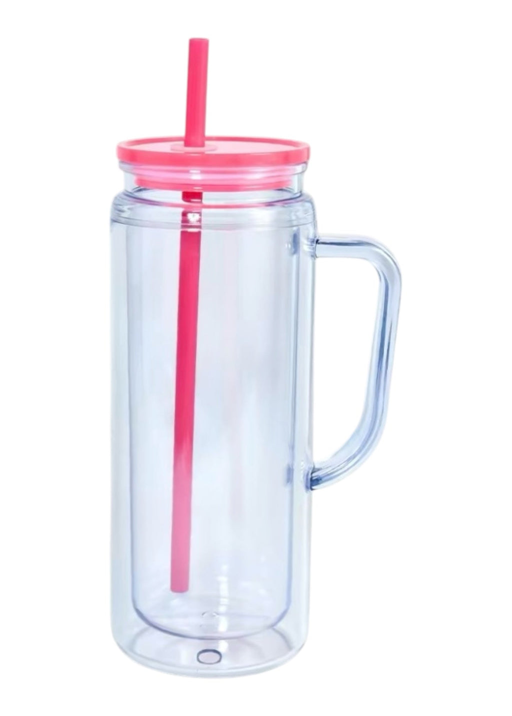 Clear mug with pink lid and straw on a white background