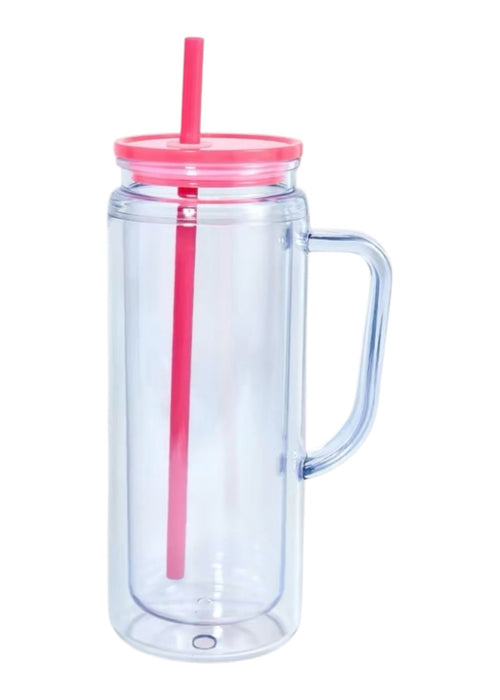 Clear mug with pink lid and straw on a white background