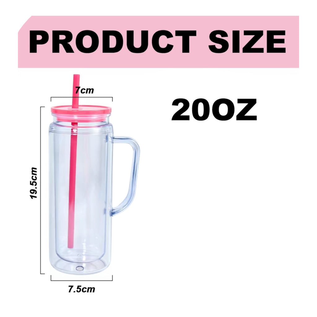 Measurement chart of a 20oz clear mug with pink lid and straw on a white background.