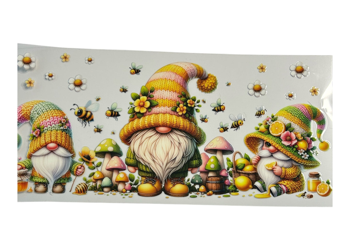 Cartoon gnomes with colorful hats and flowers on a white background