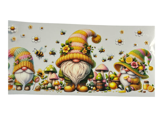 Cartoon gnomes with colorful hats and flowers on a white background