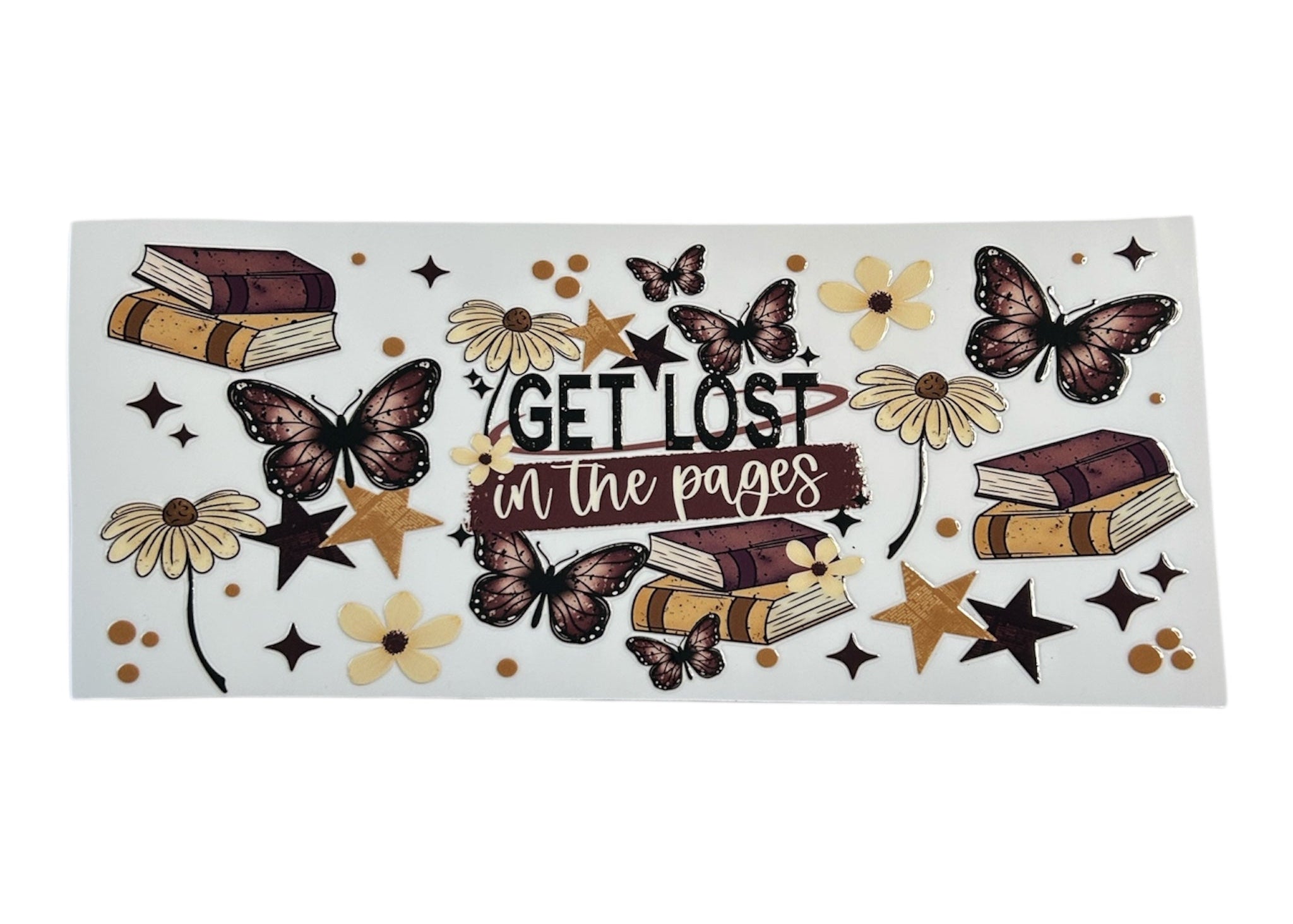 Decorative sticker with books, butterflies, and flowers with text 'Get lost in the pages' on a white background.