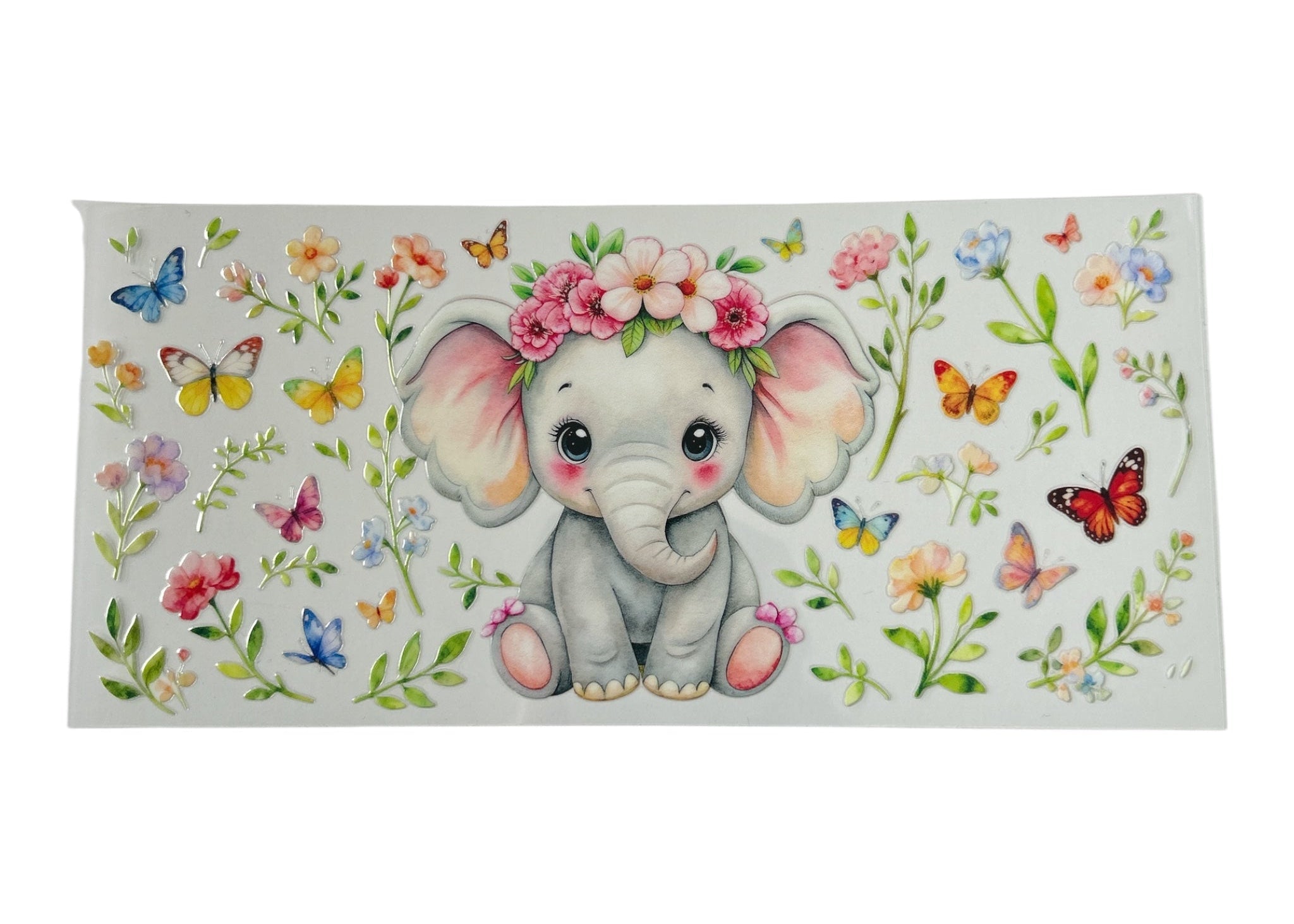 Sticker sheet with a cartoon elephant, flowers, and butterflies on a white background