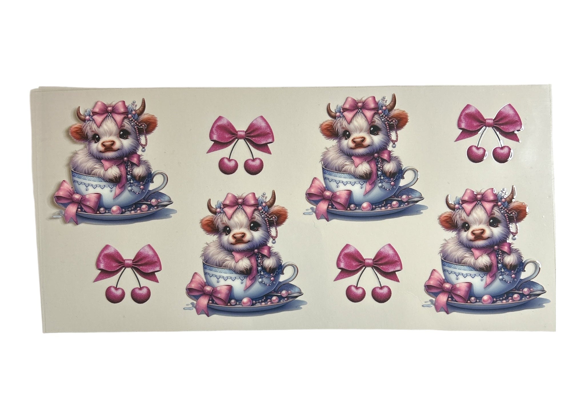 Set of cartoon cow illustrations with bows and teacups on a beige background