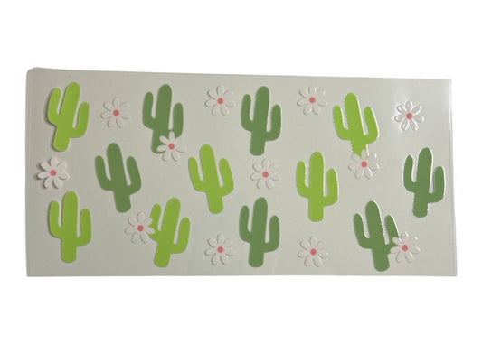 Sticker sheet with green cactus and white flower designs on a beige background