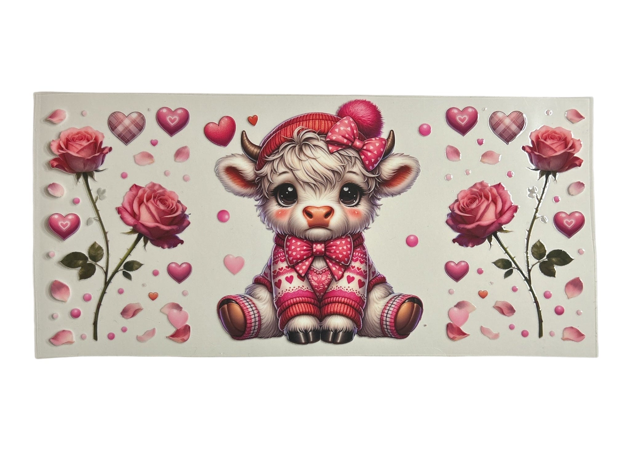 Cute cartoon cow with a red hat and bow tie surrounded by hearts and roses on a beige background