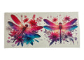 Colorful dragonfly design with flowers on a white background