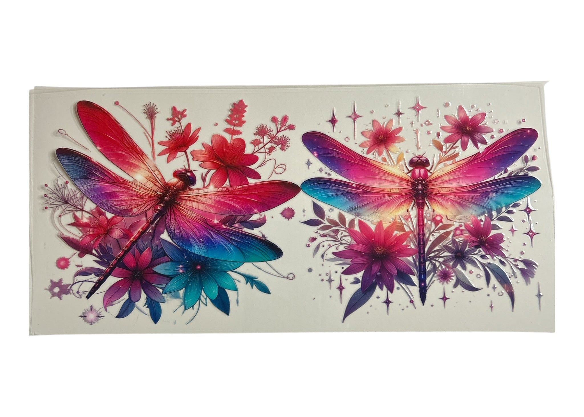 Colorful dragonfly design with flowers on a white background
