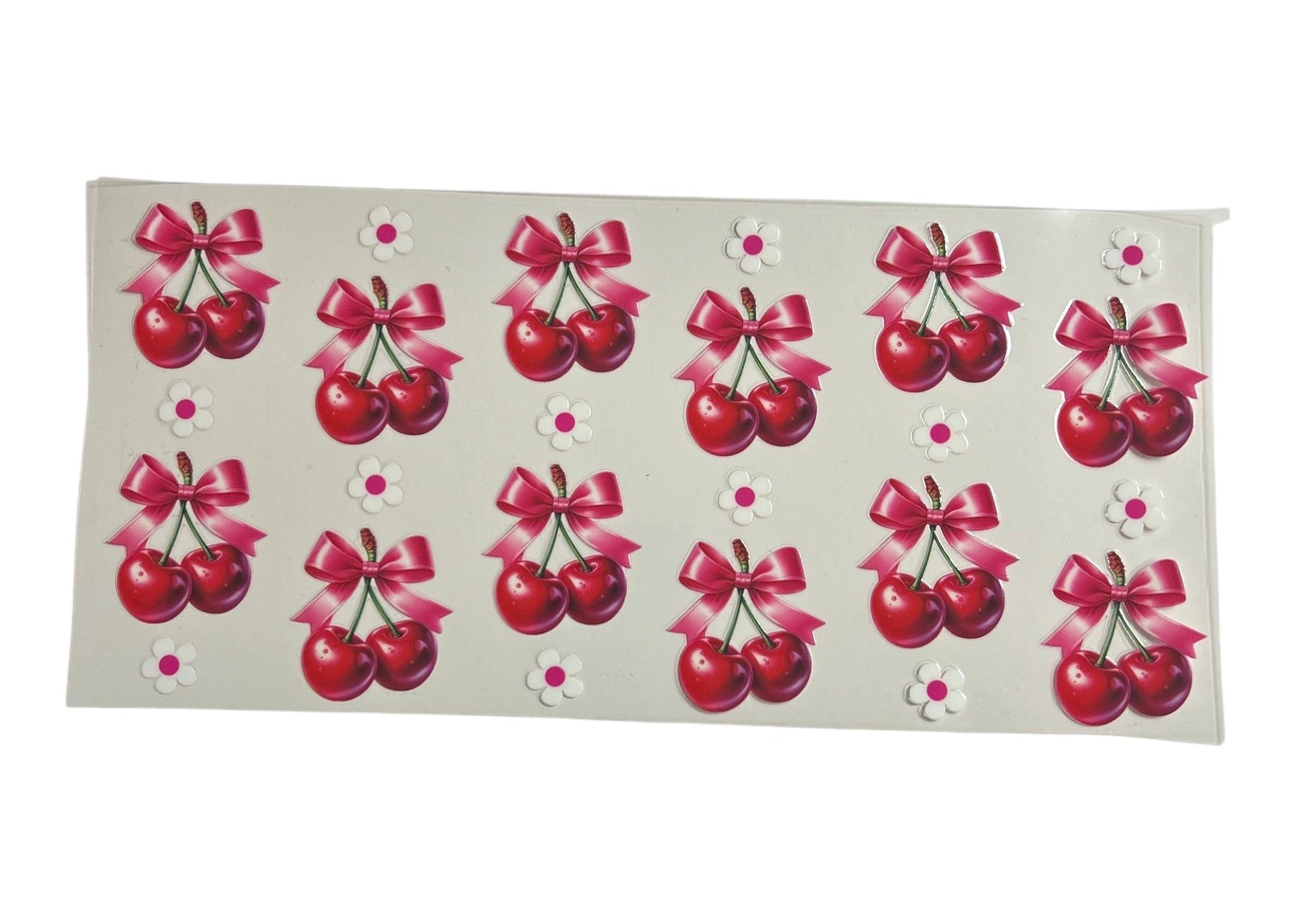Pattern of cherries with pink bows on a clear background