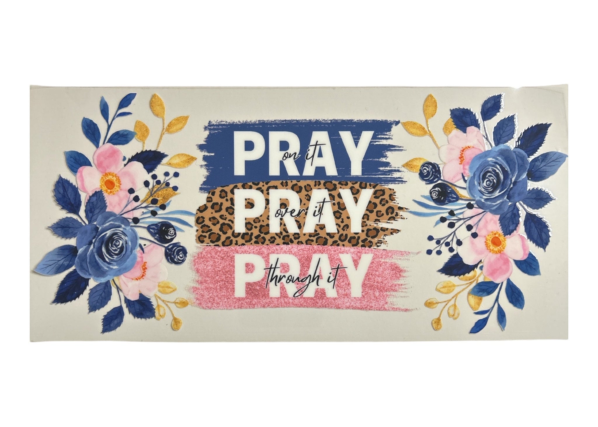 Decorative decal with floral designs and prayer text on a clear background