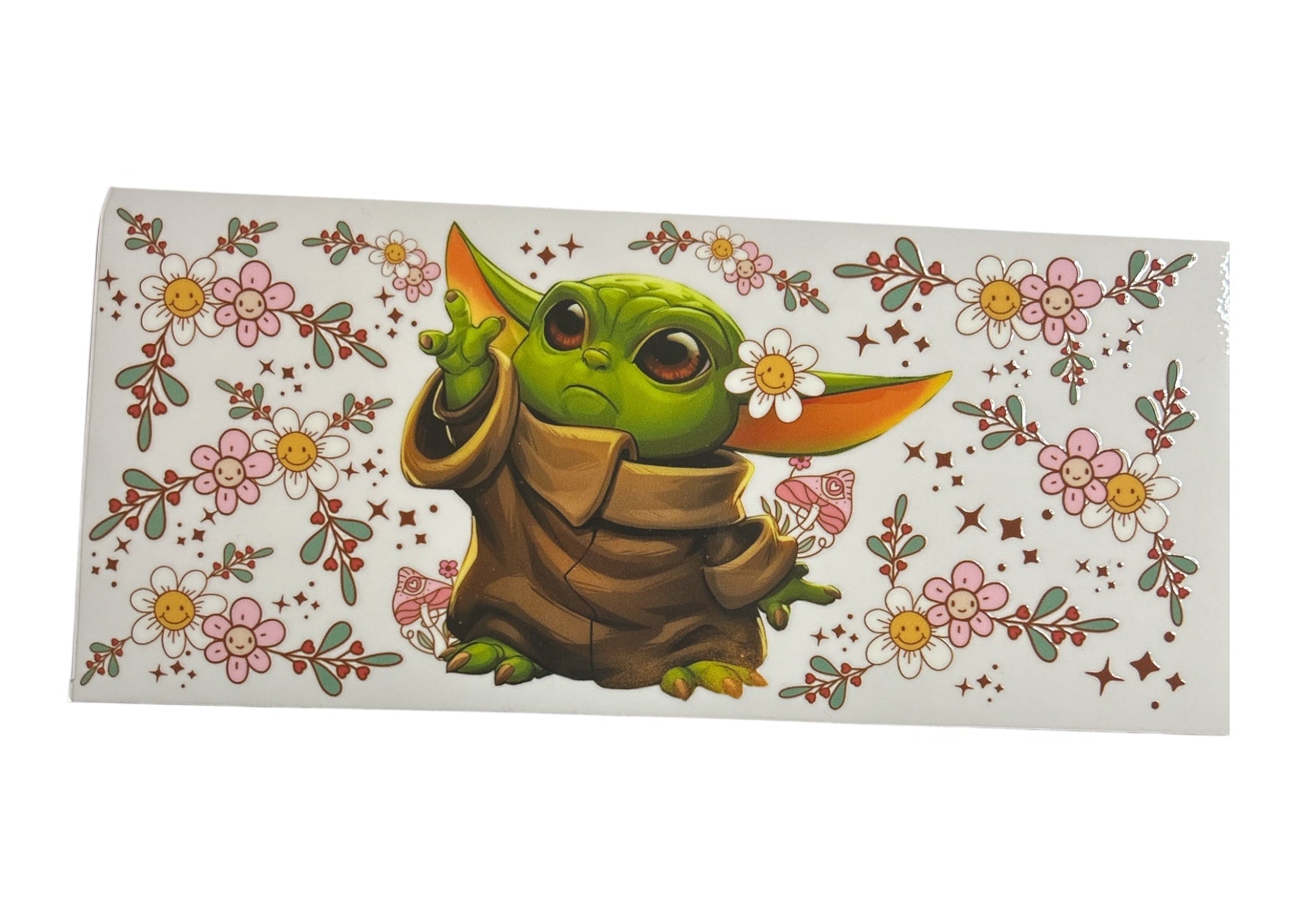 Sticker of a green character with flowers on a white background