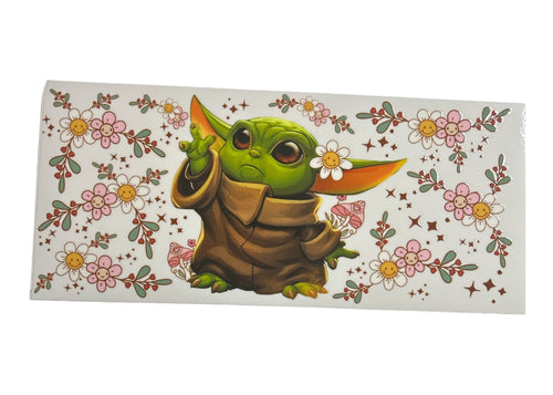 Sticker of a green character with flowers on a white background
