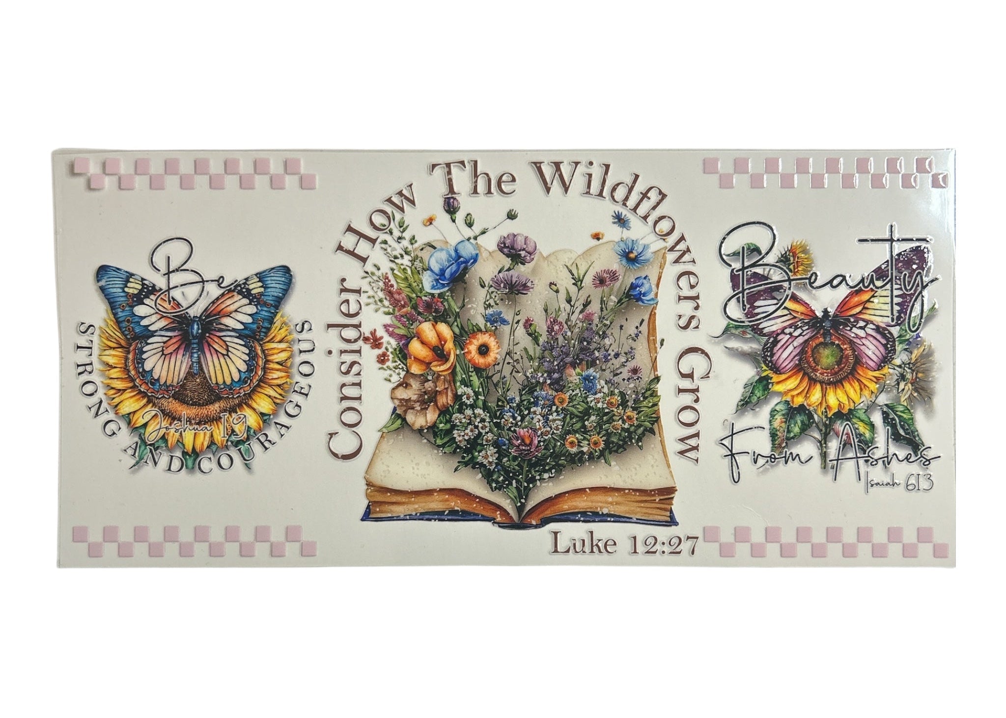 Decorative cup wrap with floral design, butterflies, and Bible verse text on a white background.