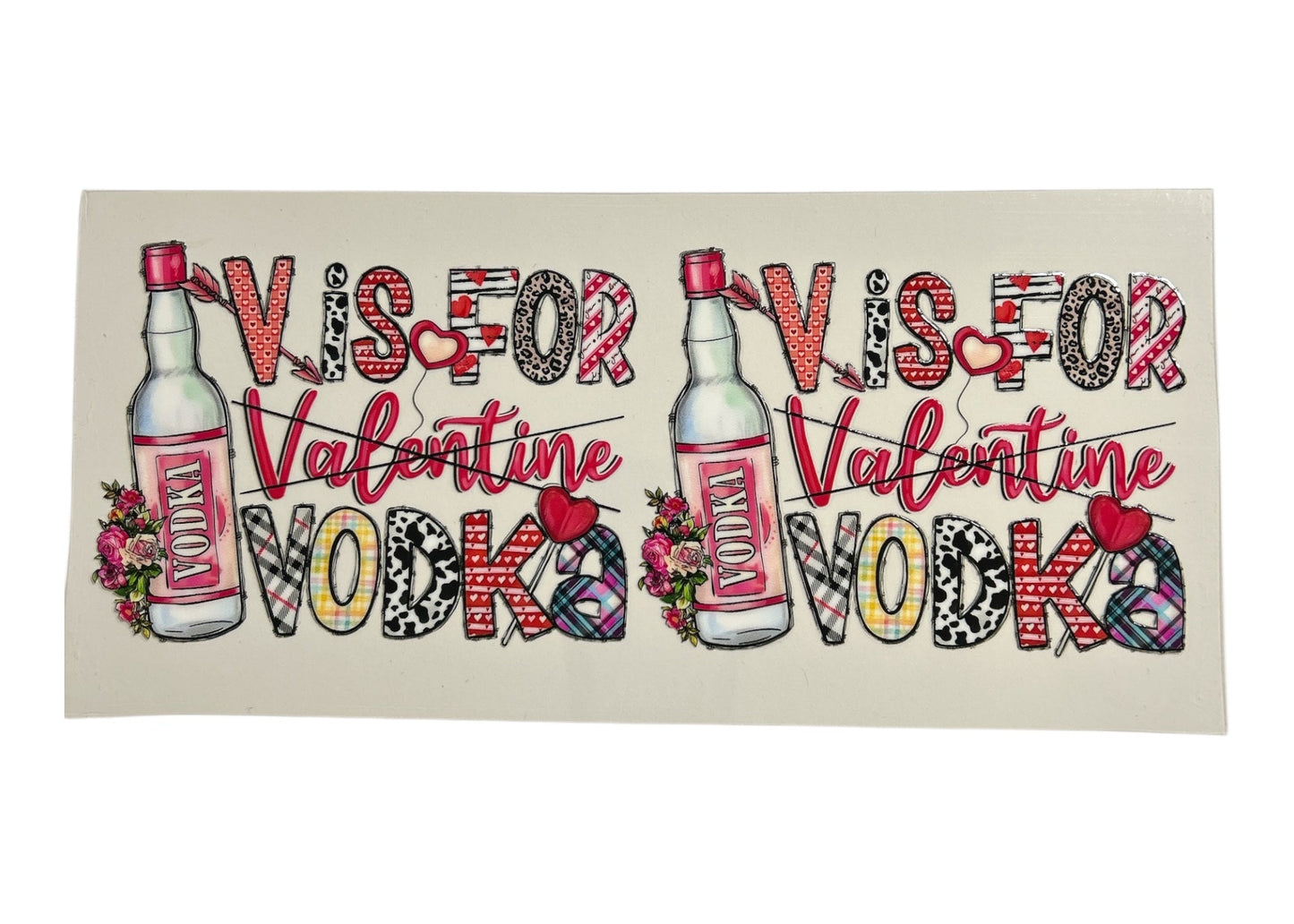 Valentine's Day-themed product with 'V' is for Valentine Vodka' text and vodka bottle illustrations on a beige background.