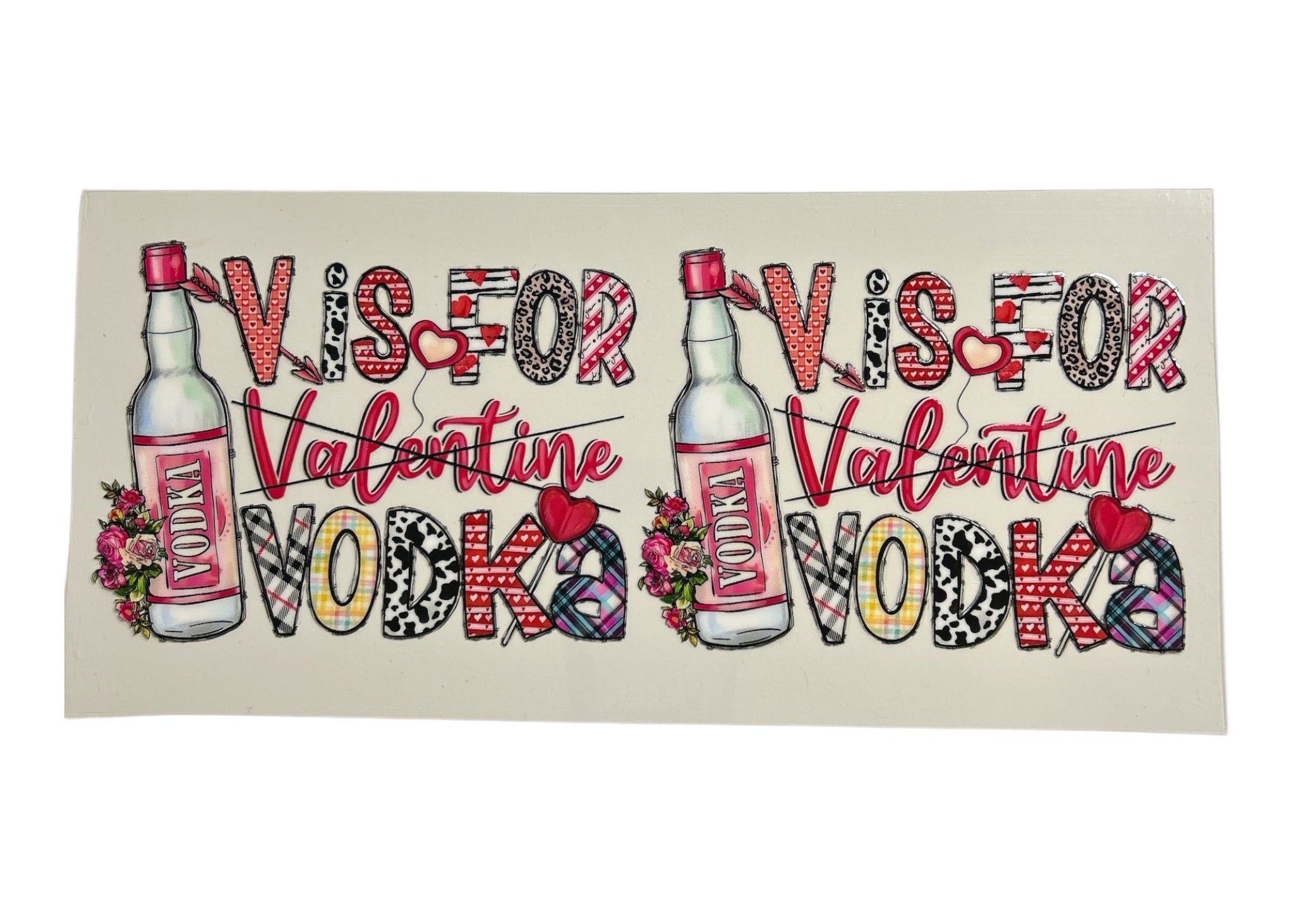 Valentine's Day-themed product with 'V' is for Valentine Vodka' text and vodka bottle illustrations on a beige background.