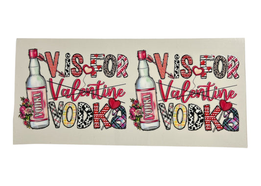 Valentine's Day-themed product with 'V' is for Valentine Vodka' text and vodka bottle illustrations on a beige background.