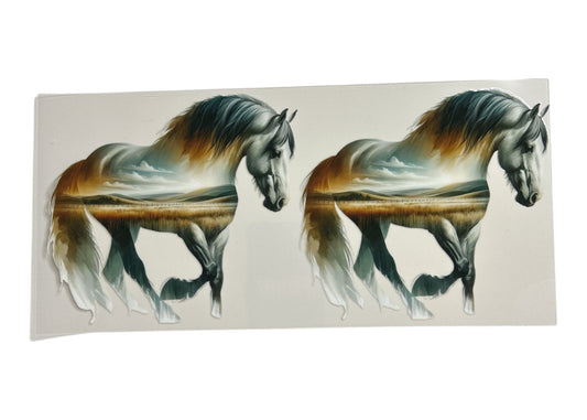 Two horses walking side by side on a reflective surface with a white background