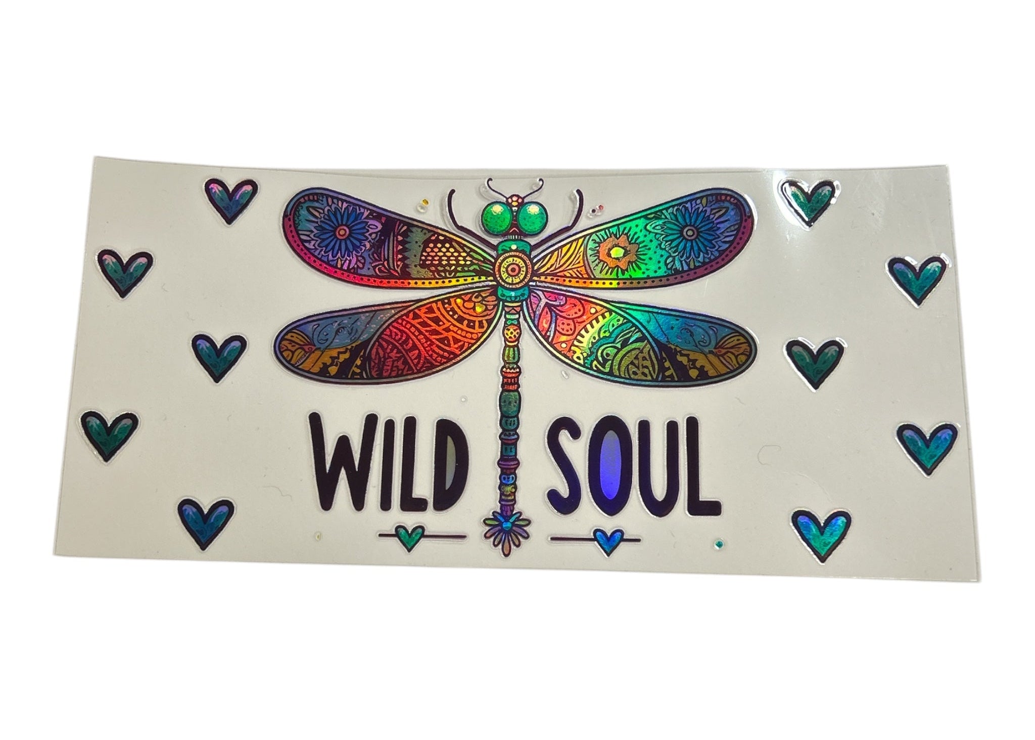 Colorful holographic dragonfly design with 'Wild Soul' text on a white background