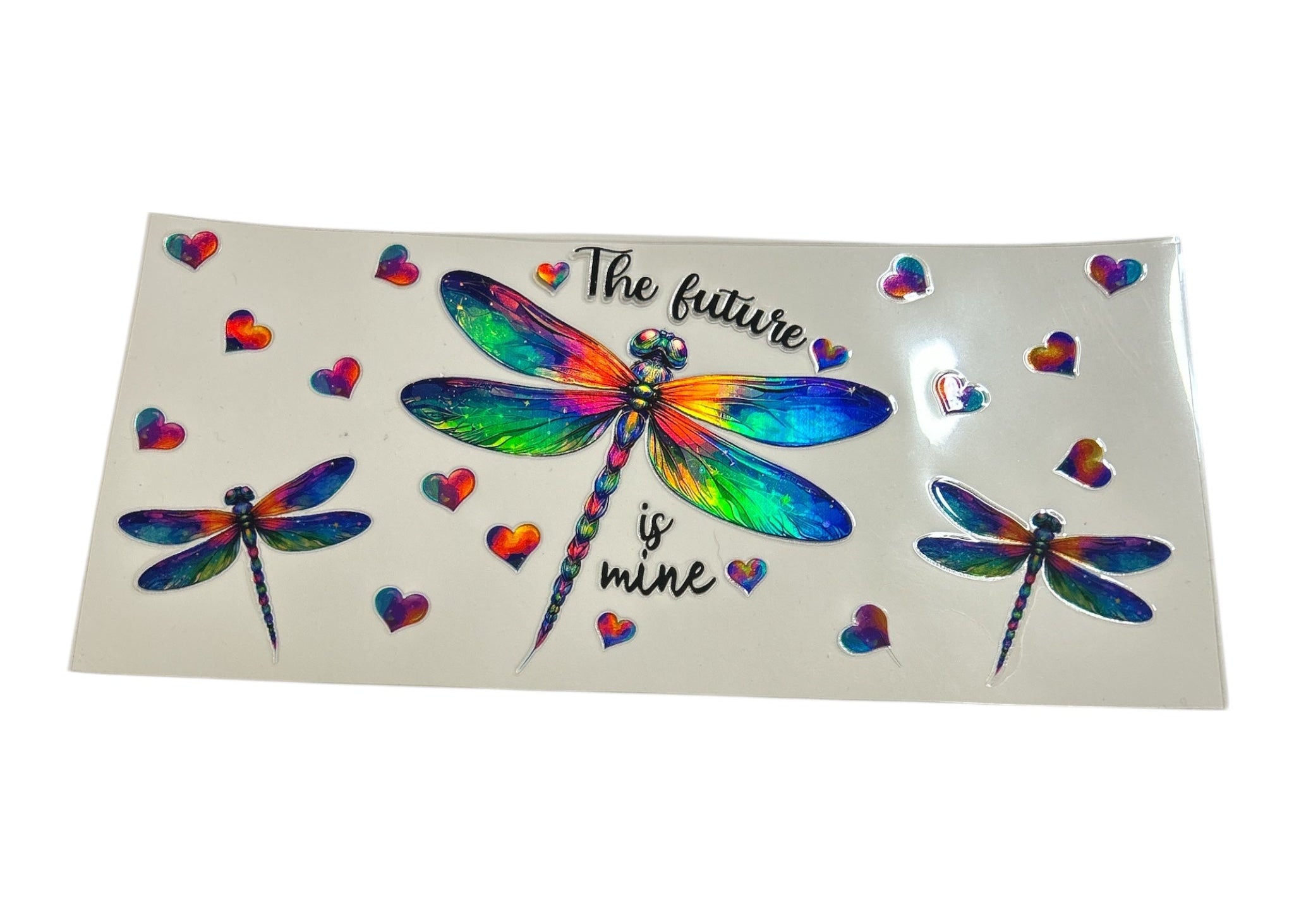 Colorful dragonfly and heart design with text 'The future is mine' on a white background