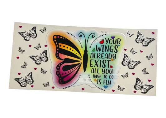 Motivational sticker with butterfly design and text on a white background