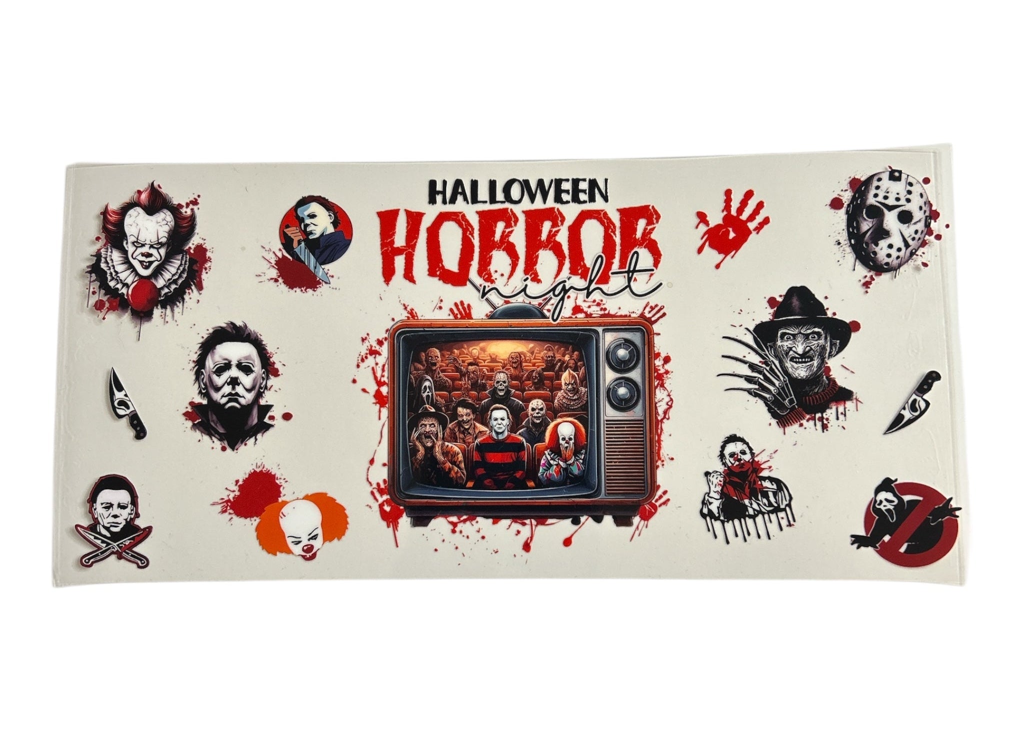 Halloween horror-themed towel with TV and character designs on a white background