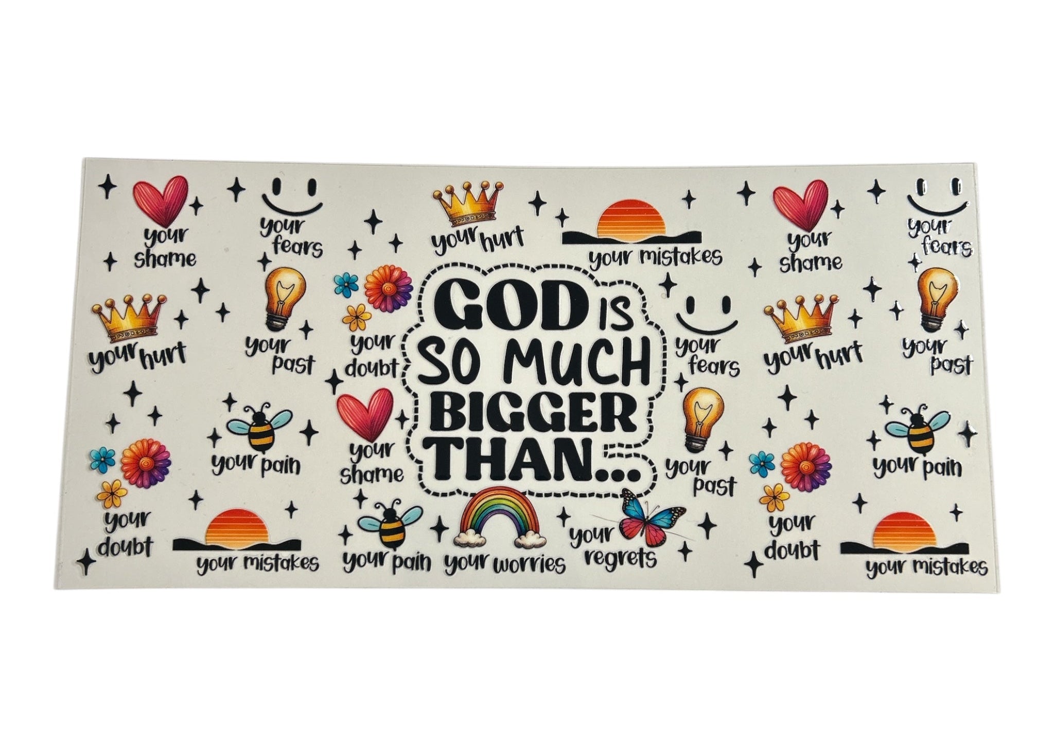 Motivational decal with various symbols and text on a white background