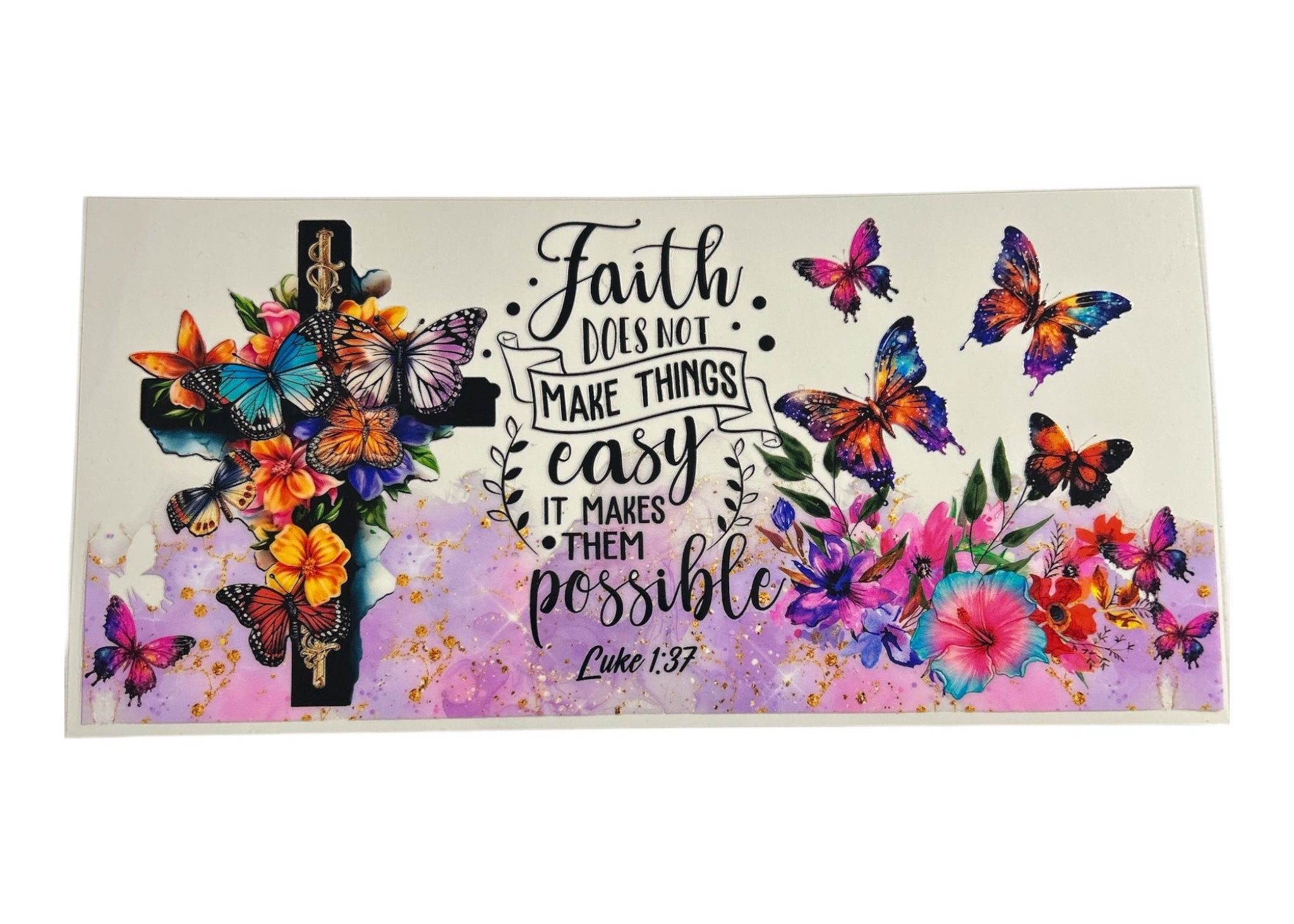 Decorative mat with cross, butterflies, flowers, and Bible verse on a white background