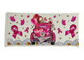 Sticker with pink ribbon design, car, balloons, and flowers on a white background