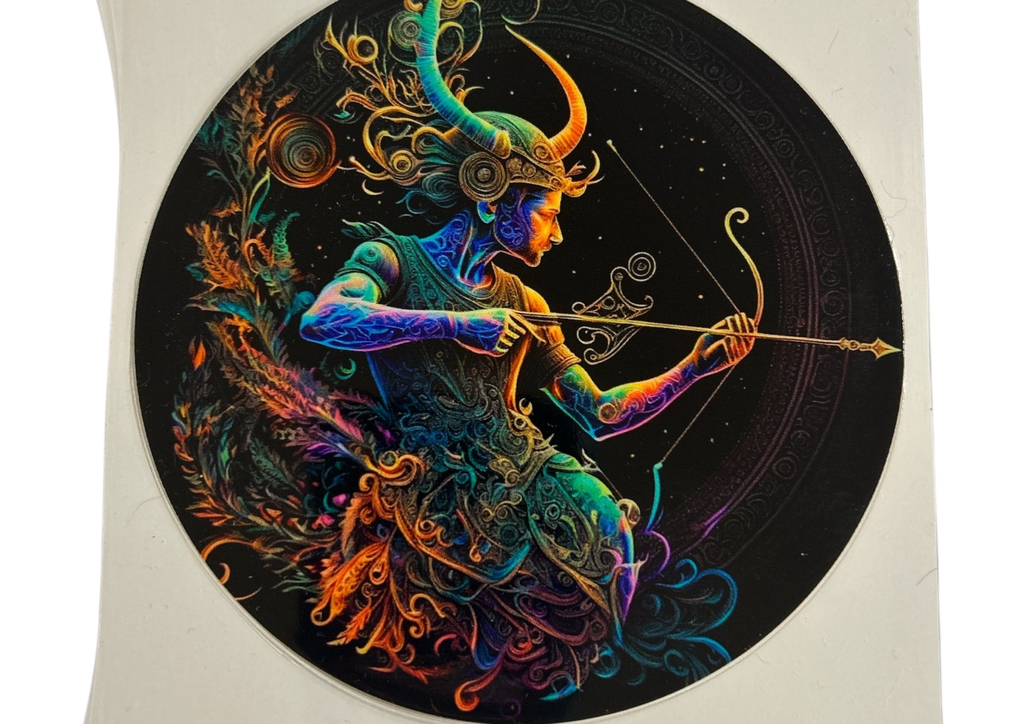 Colorful depiction of a archer on a circular design with a starry background.