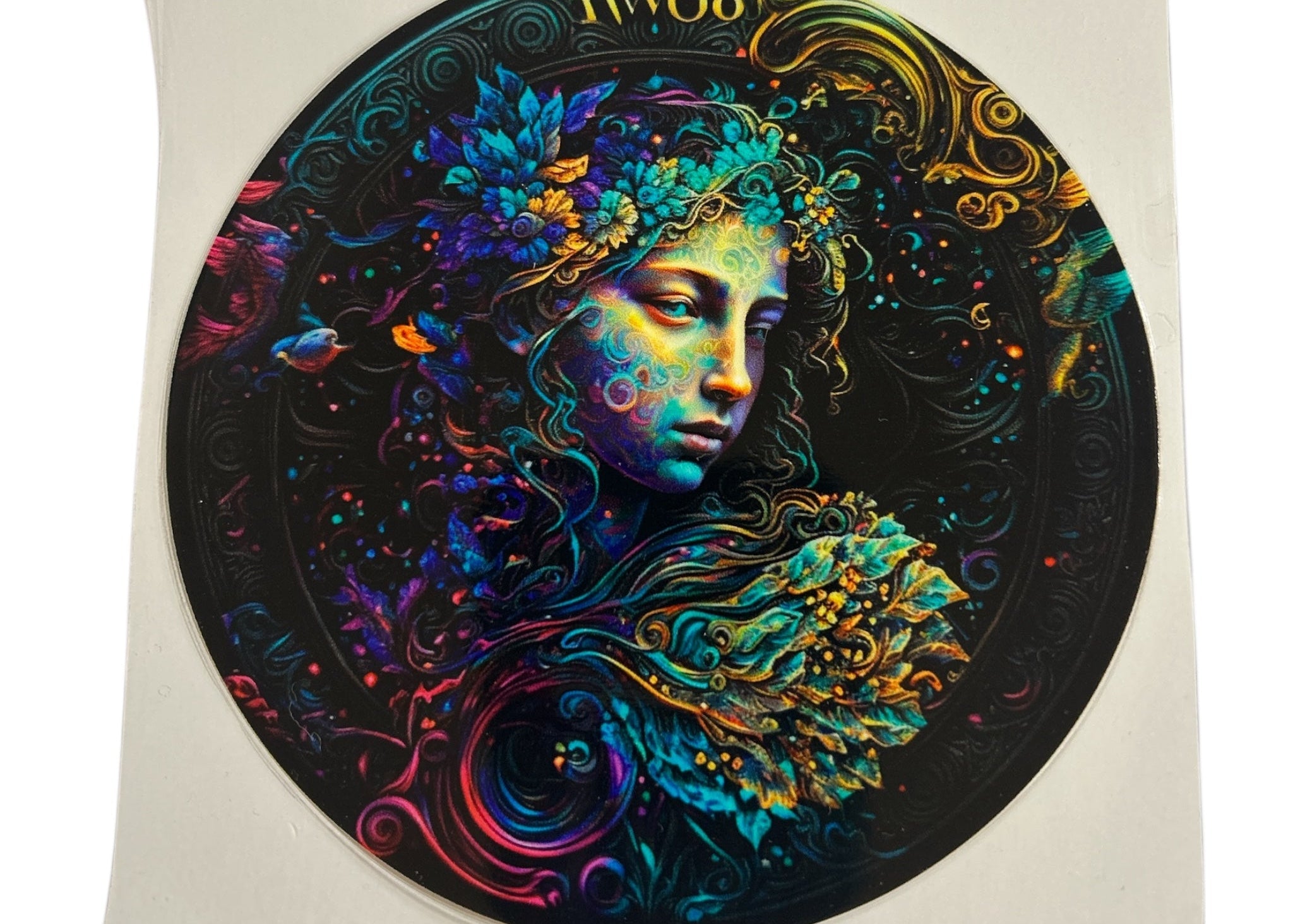 Colorful circular artwork of a woman with nature elements on a white background