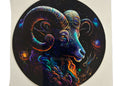 Colorful aurochs head design on a circular sticker with a starry night background.