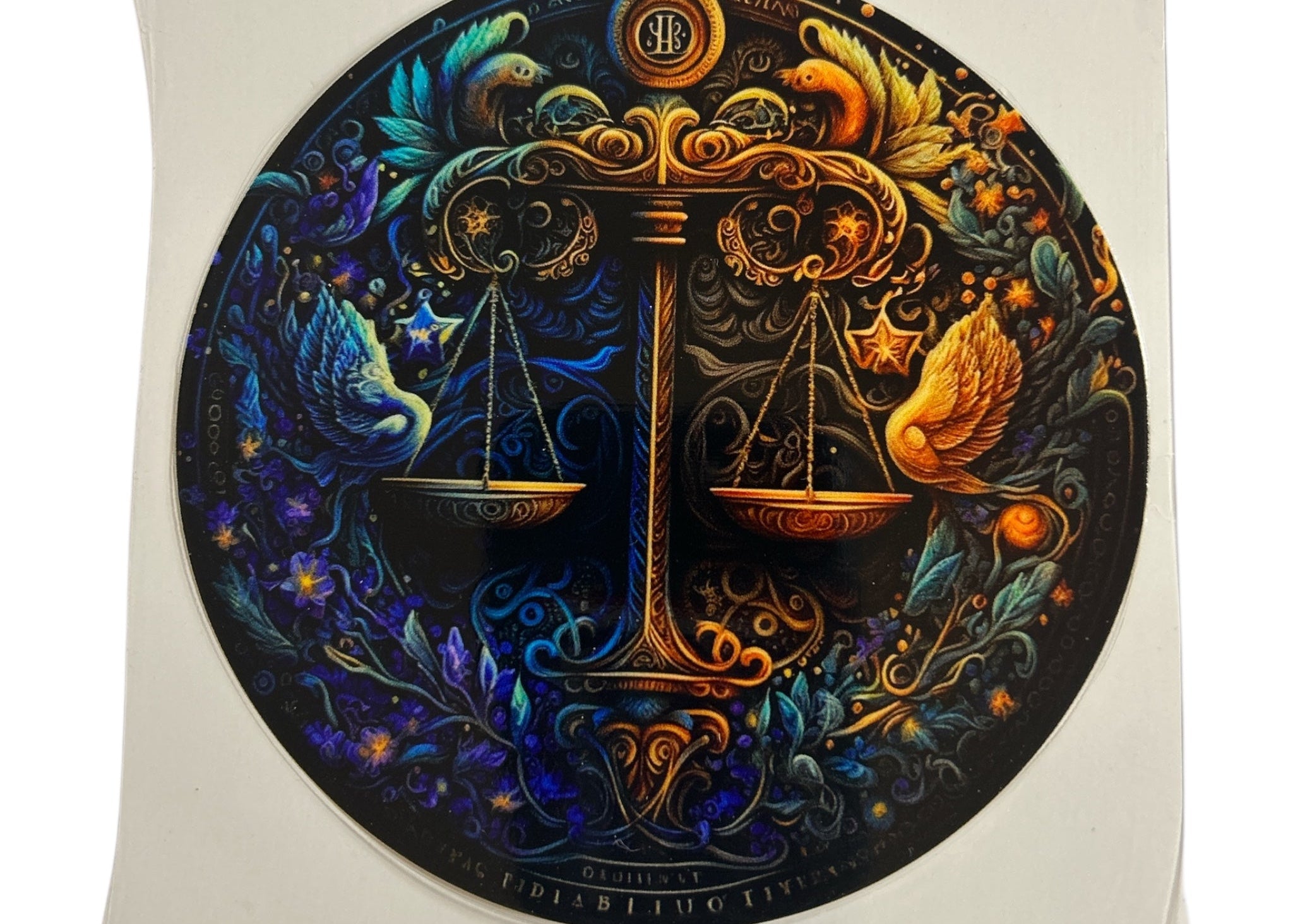 Decorative circular design with artistic Libra elements on a clear background