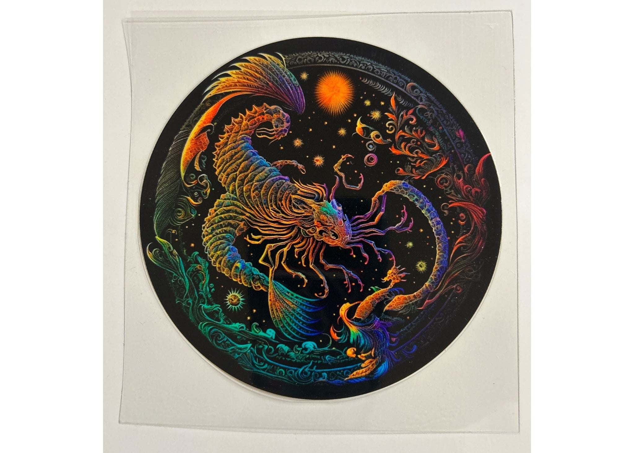 Colorful scorpion design on a black circle 