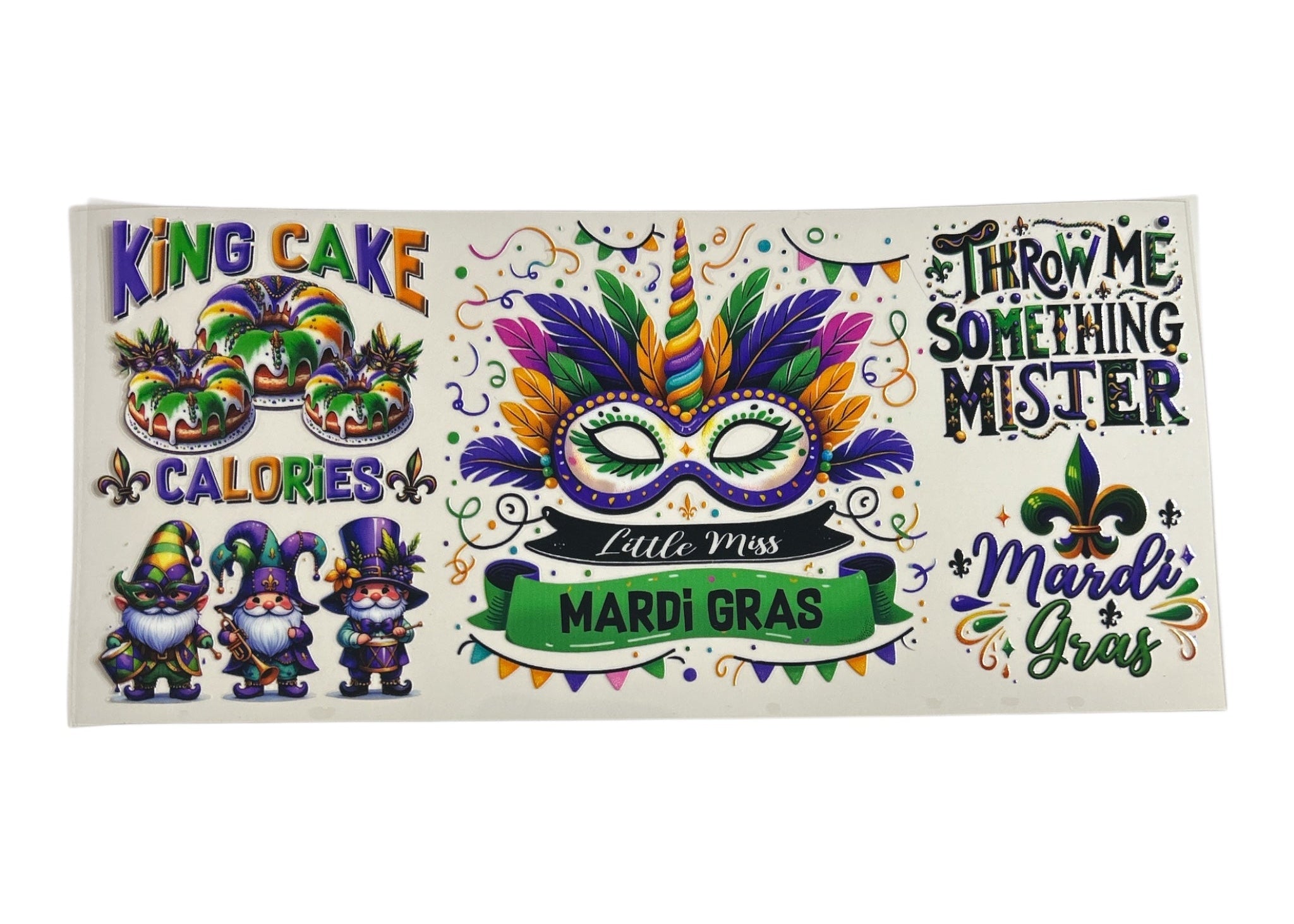 Decorative Mardi Gras-themed design with colorful text and graphics on a white background.