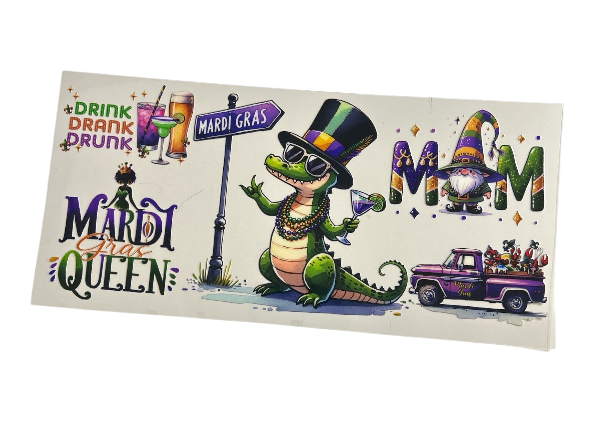 Mardi Gras-themed sticker with a cartoon alligator, colorful text, and parade elements on a white background.