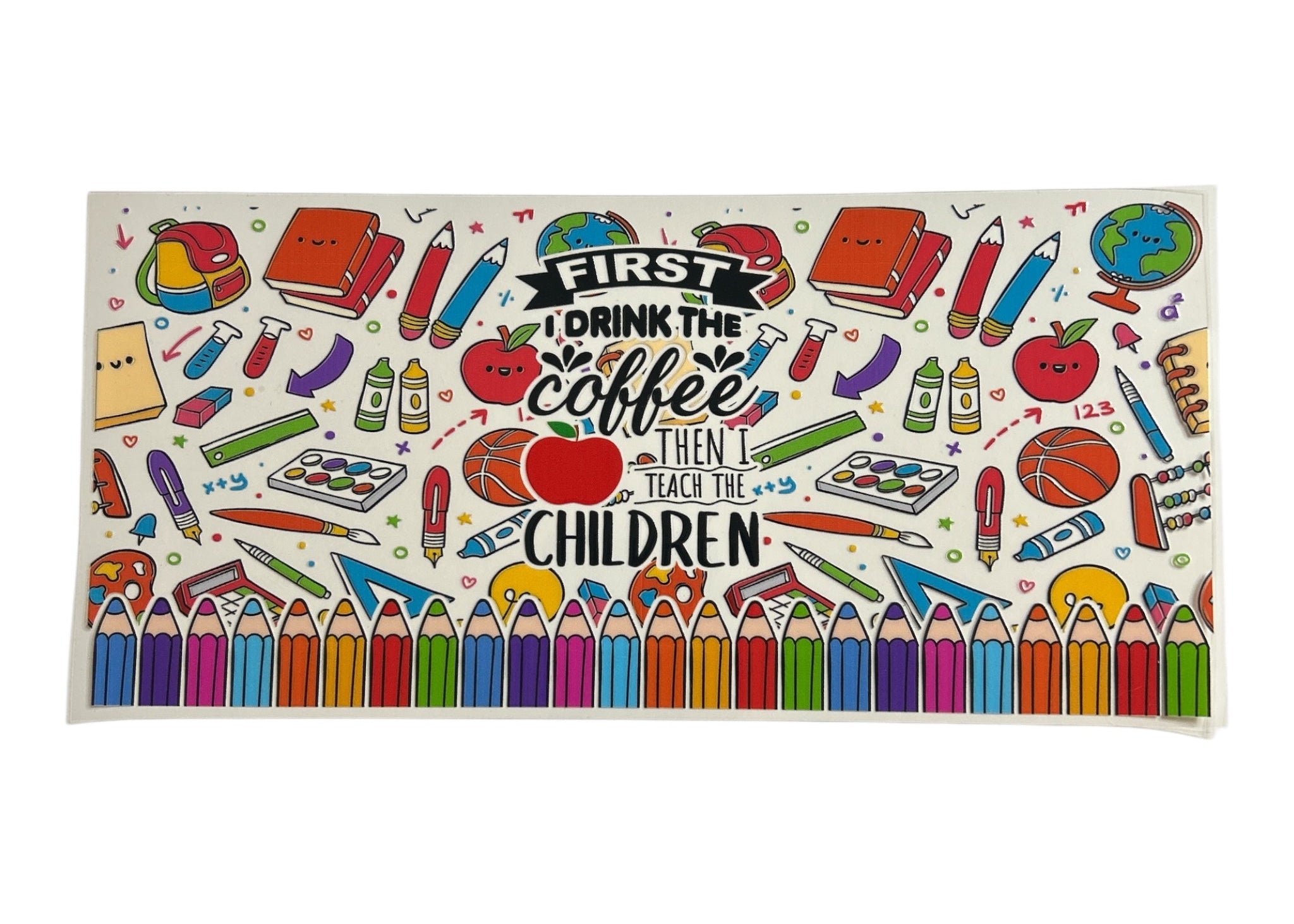 Colorful decal with educational-themed design and text on a white background