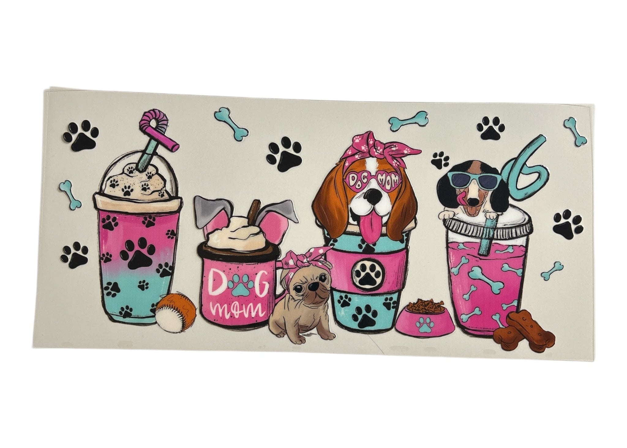 Cartoon-style illustration of dogs in cups with decorative elements on a beige background