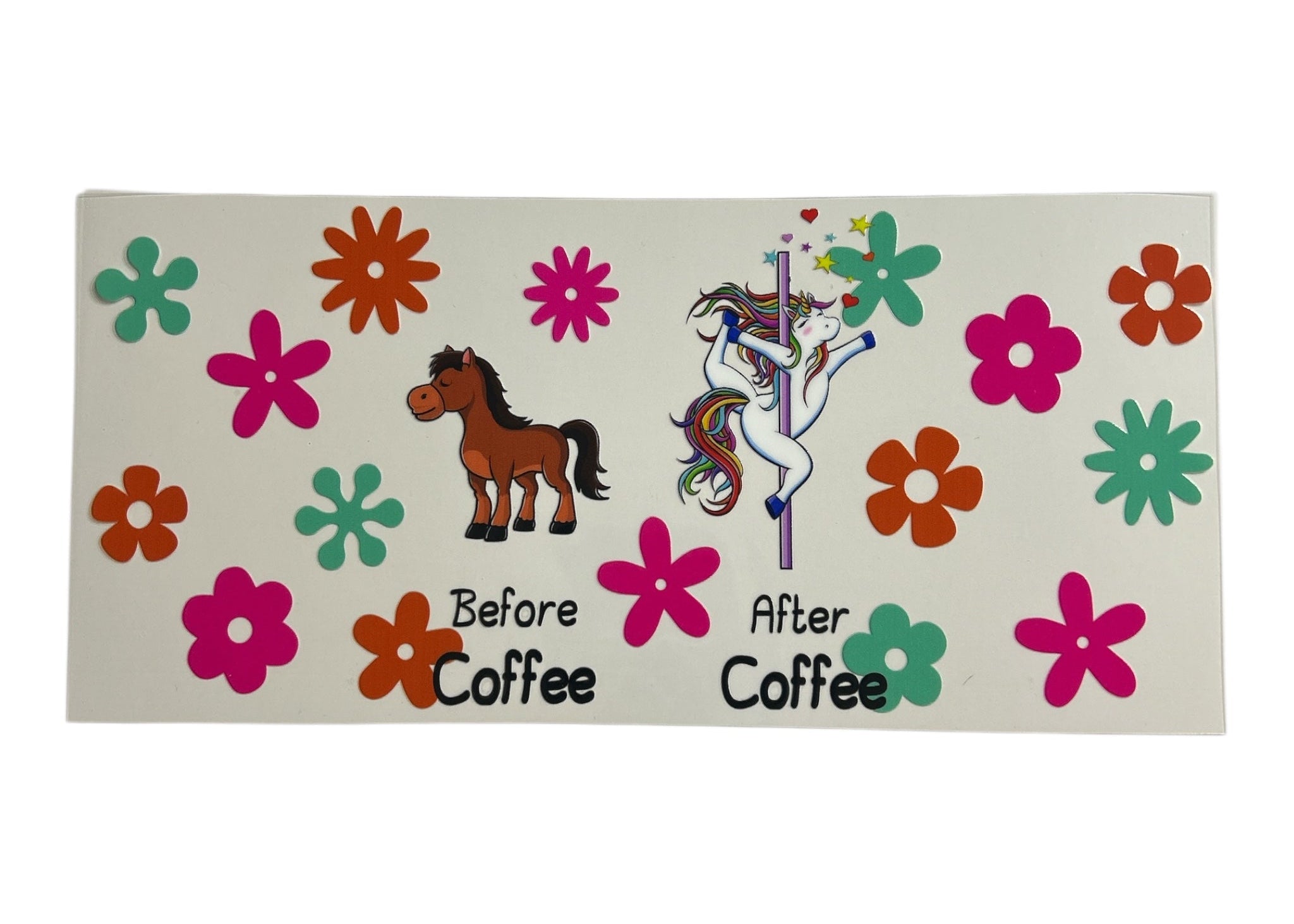 Decorative decal with cartoon horse and unicorn and colorful flowers on a beige background