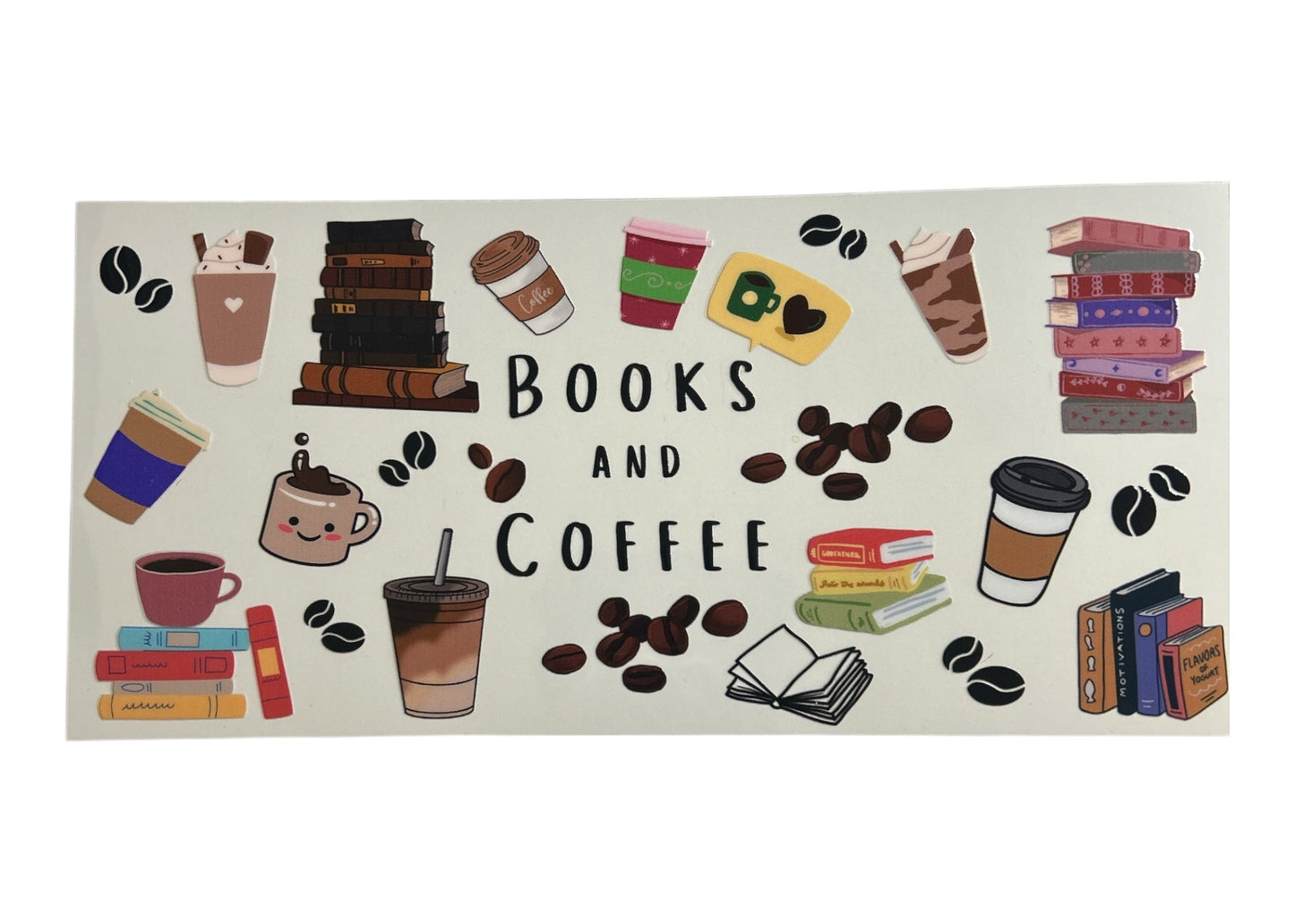 Decorative decal with illustrations of books and coffee cups on a white background