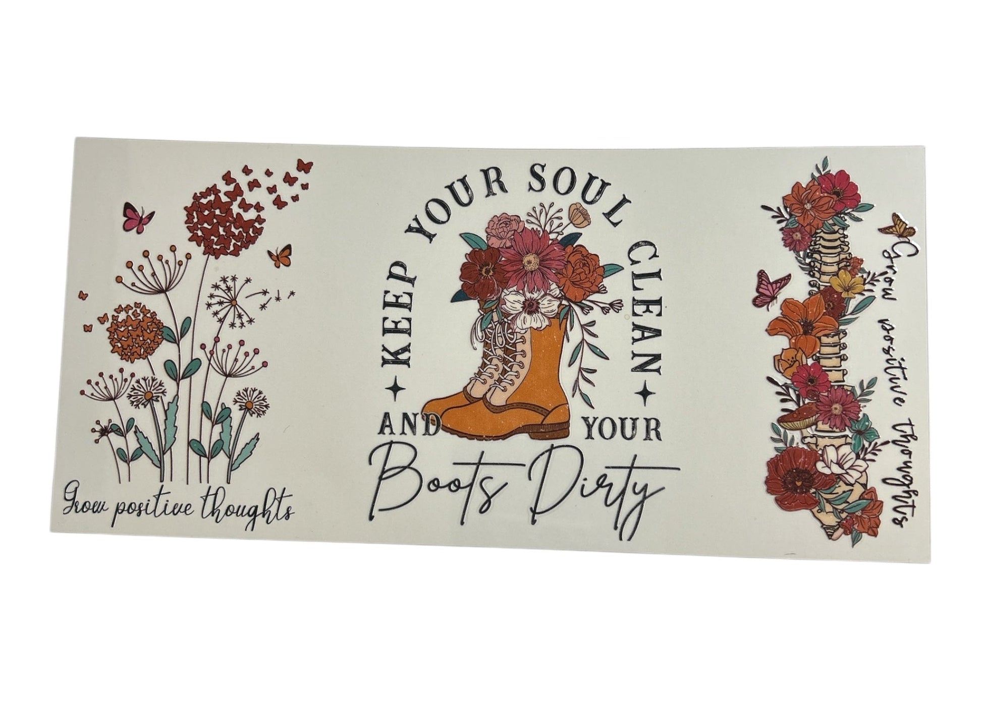 Decorative stickers with floral designs and text on a white background