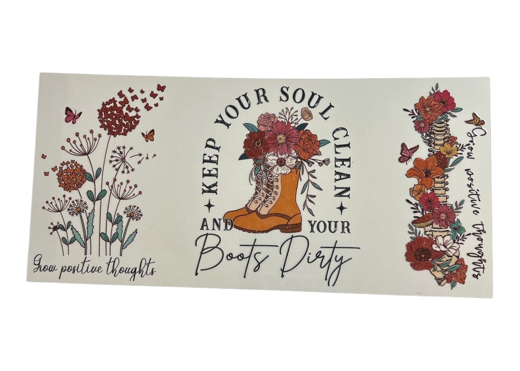 Decorative stickers with floral designs and text on a white background