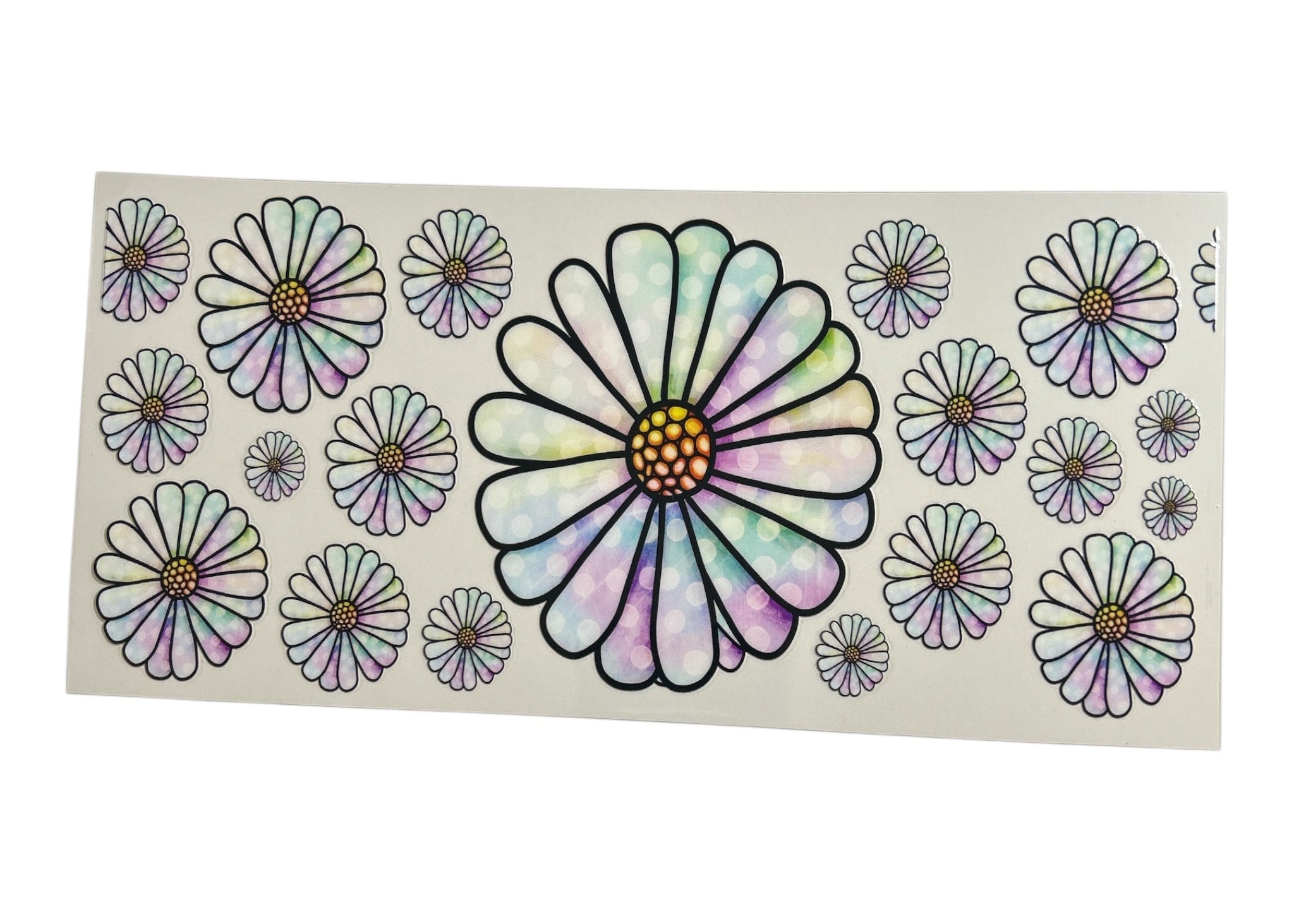 Colorful flower-shaped stickers on a white background