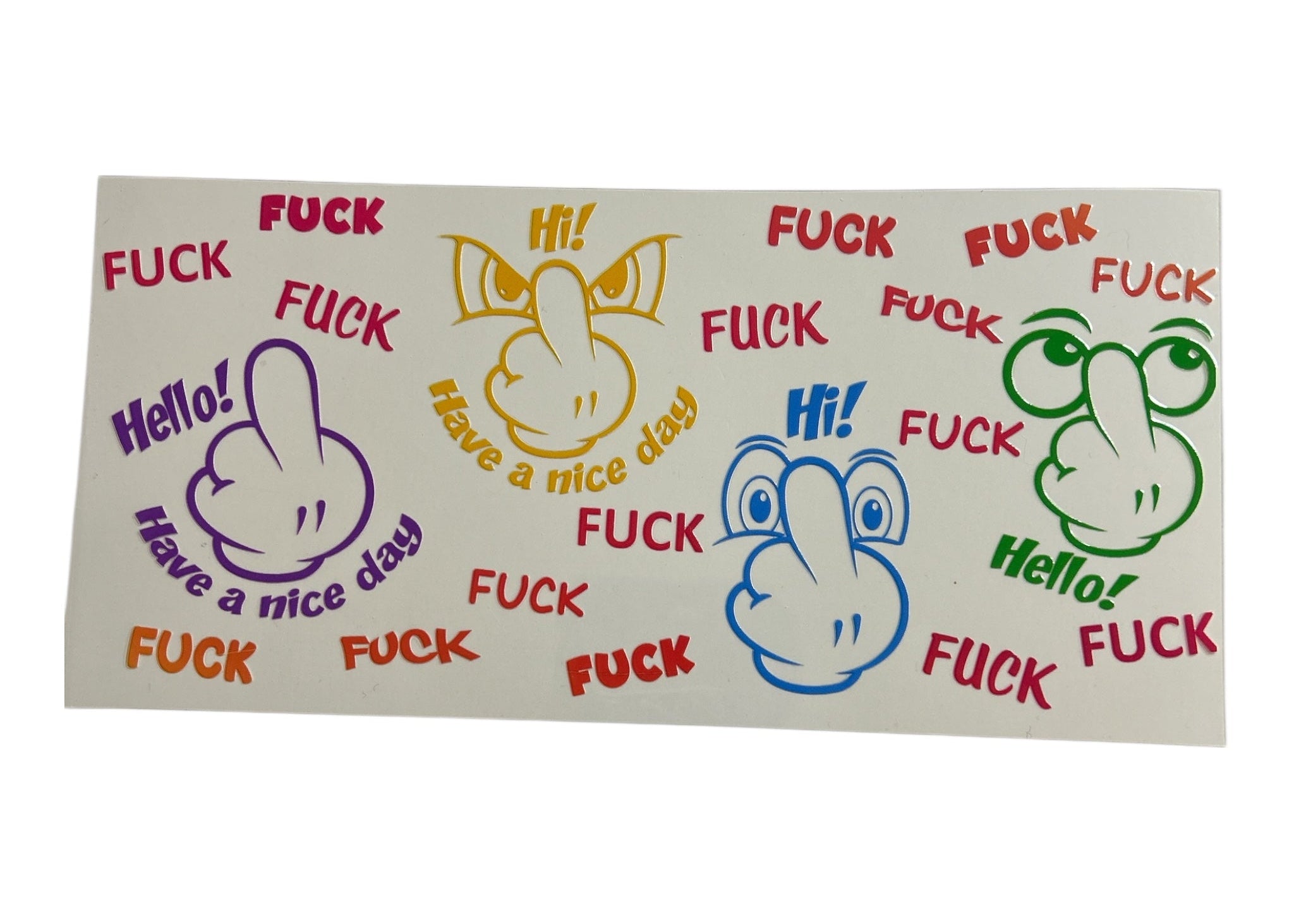 Sticker with colorful hand gestures and profanity on a white background