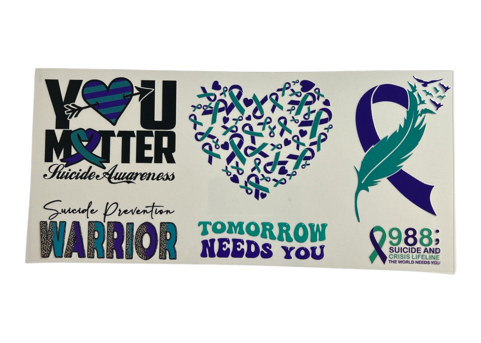 Sticker set with suicide awareness designs on a white background